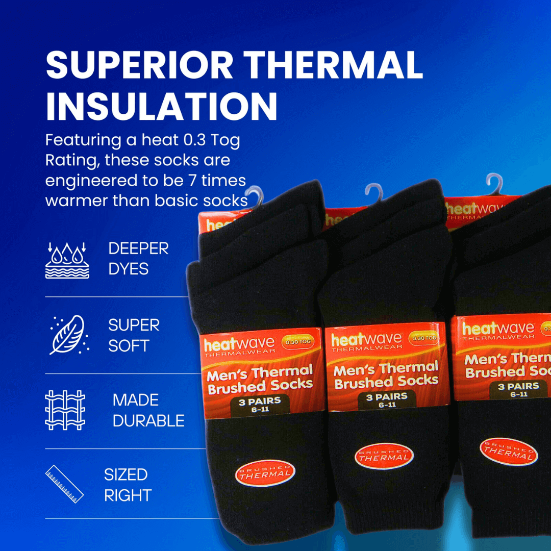 Heatwave Men's Thermal Socks | 12 Pairs | Double Brushed | Advanced Knit | Black | UK 6-11