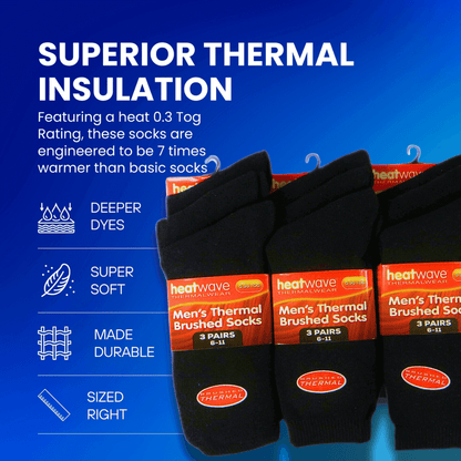 Heatwave Men's Thermal Socks | 12 Pairs | Double Brushed | Advanced Knit | Black | UK 6-11