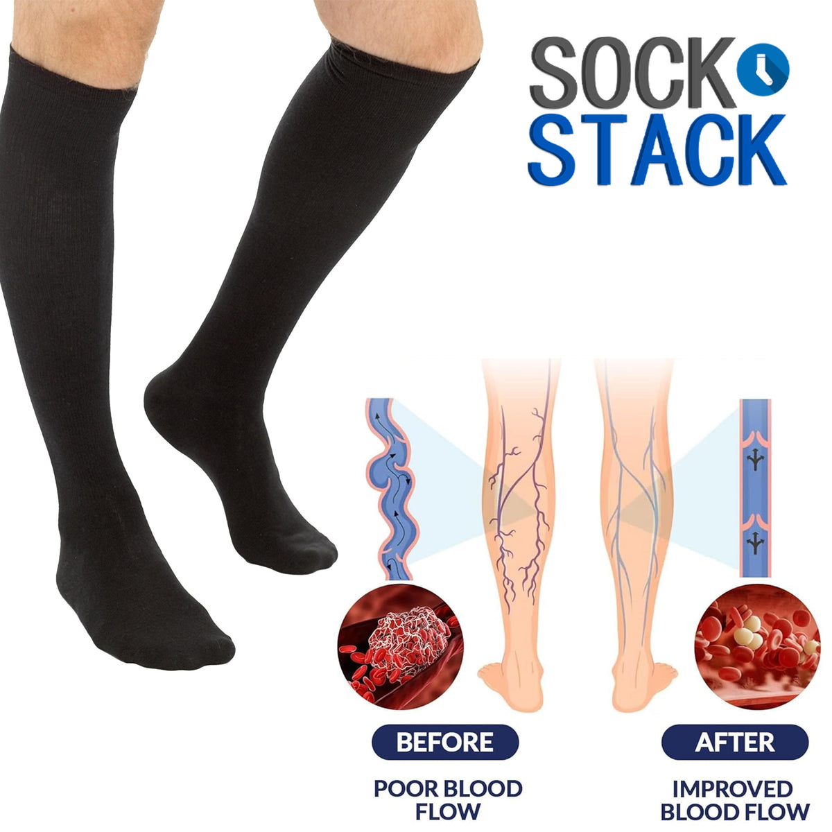 Sock Stack Travel Compression Socks | 2 Pairs | Unisex Knee-High | Breathable | Black