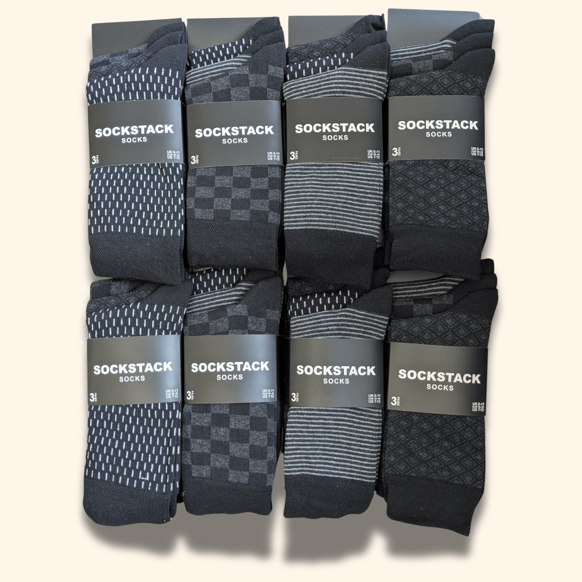 Sock Stack 24 Pairs Men's Cotton Colourful Heel Toe Black Argyle Diamond Easycare