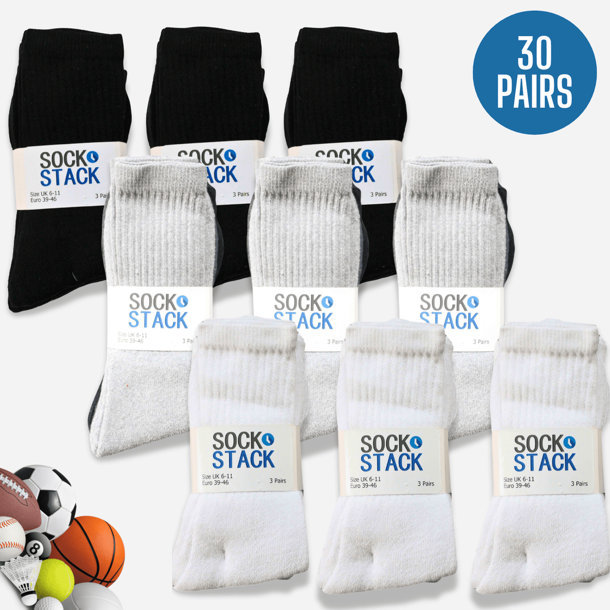 Sock Stack Men's Cotton Rich Performance Sport Socks | 30 Pairs | Black Grey White | UK 6-11
