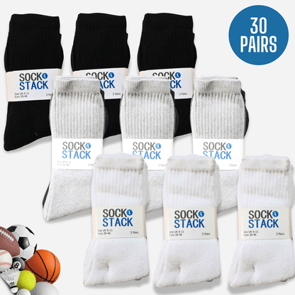 Sock Stack Men's Cotton Rich Performance Sport Socks | 30 Pairs | Black Grey White | UK 6-11