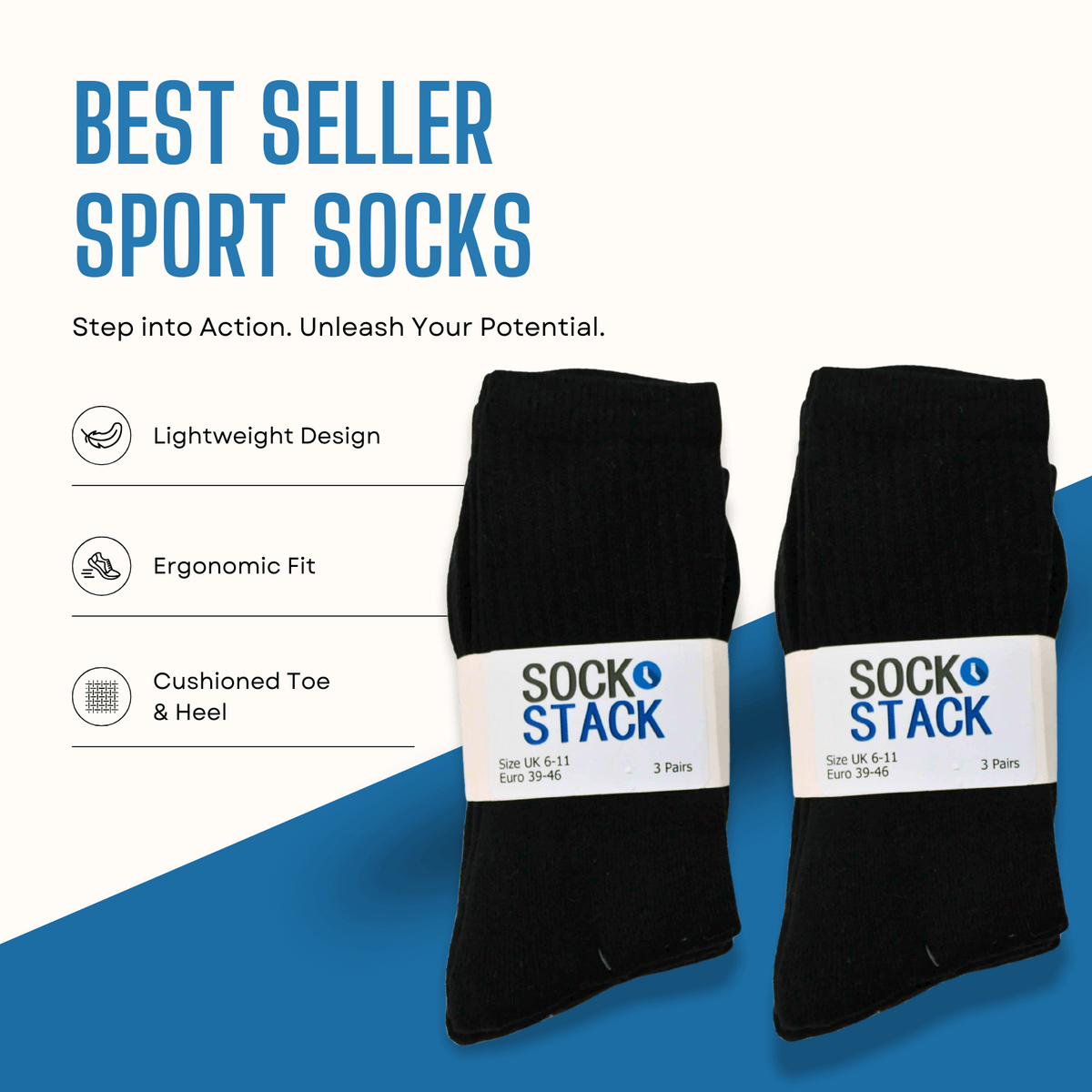 Sock Stack Men's Cotton Rich Performance Sport Socks | 30 Pairs | Black Grey White | UK 6-11