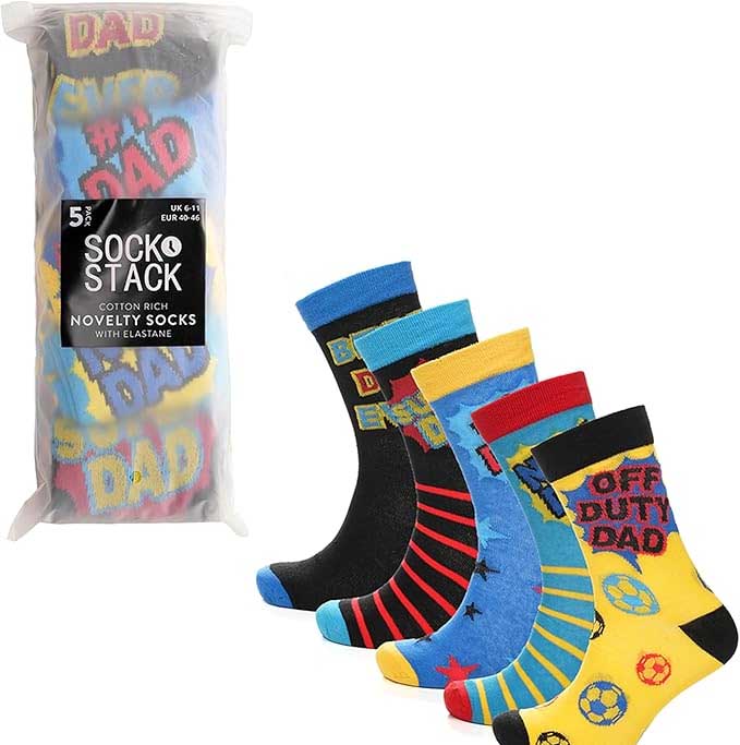Sock Stack Men's Cotton Rich Novelty Dad Socks | Pack of 5 | Colourful Crew Length | UK 6-11