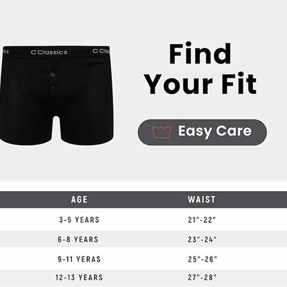 Sock Stack Boys Boxer Shorts 6 Pack Black Cotton Rich Moisture Wicking With Button Fly