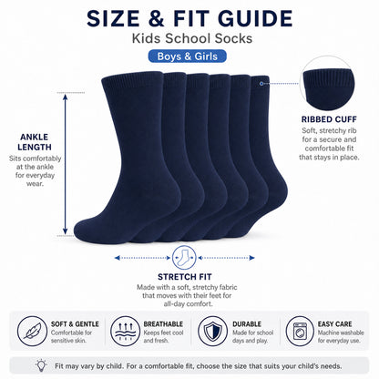 Sock Stack 6 Pairs Kids Cotton Rich School Socks Ankle Breathable Durable Uniform Unisex