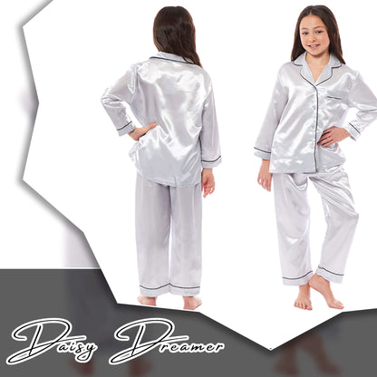 Daisy Dreamer Girls Satin Silk Pyjama Set Long Sleeve Button Down Sleepwear Luxurious