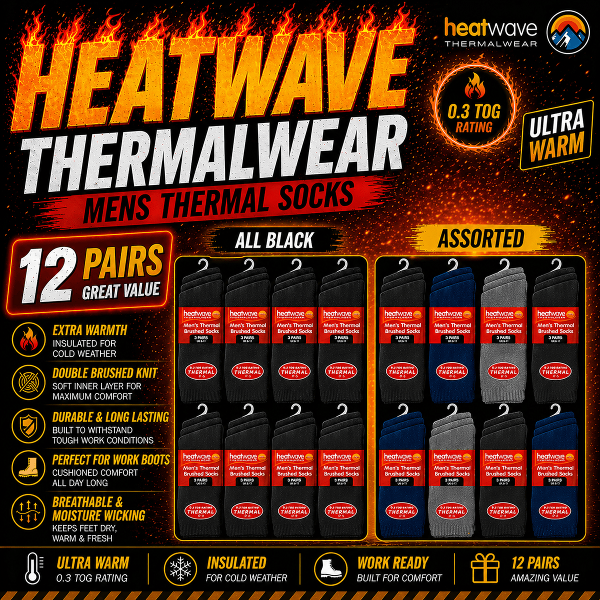 Heatwave Men's Thermal Socks | 12 Pairs | Double Brushed | Advanced Knit | Black | UK 6-11