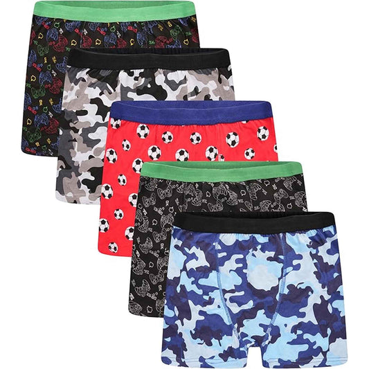 Sock Stack Pack Of 5 Boys Boxer Shorts Cotton Rich Football Army Gamer Designs Elastic