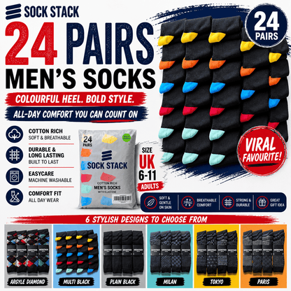 Sock Stack 24 Pairs Men's Cotton Colourful Heel Toe Black Argyle Diamond Easycare