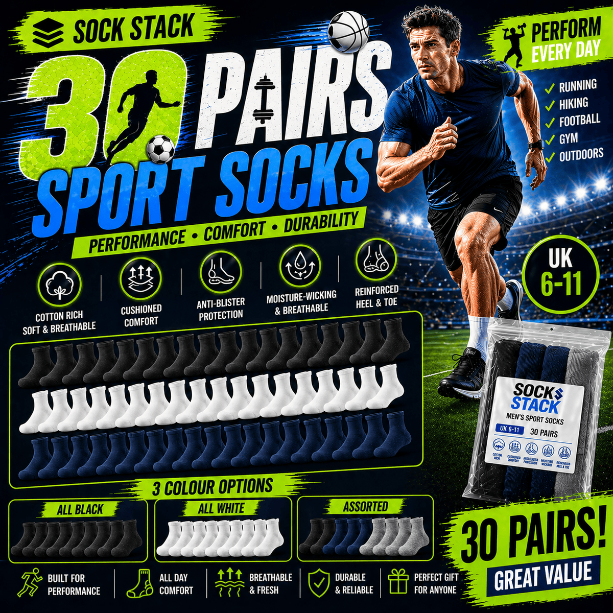 Sock Stack Men's Cotton Rich Performance Sport Socks | 30 Pairs | Black Grey White | UK 6-11