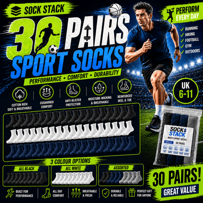 Sock Stack Men's Cotton Rich Performance Sport Socks | 30 Pairs | Black Grey White | UK 6-11