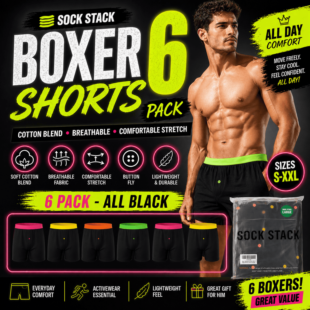 Sock Stack 6 Pack Black Cotton Blend Boxer Shorts Mens Breathable Stretch Colorful