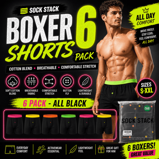 Sock Stack 6 Pack Black Cotton Blend Boxer Shorts Mens Breathable Stretch Colorful