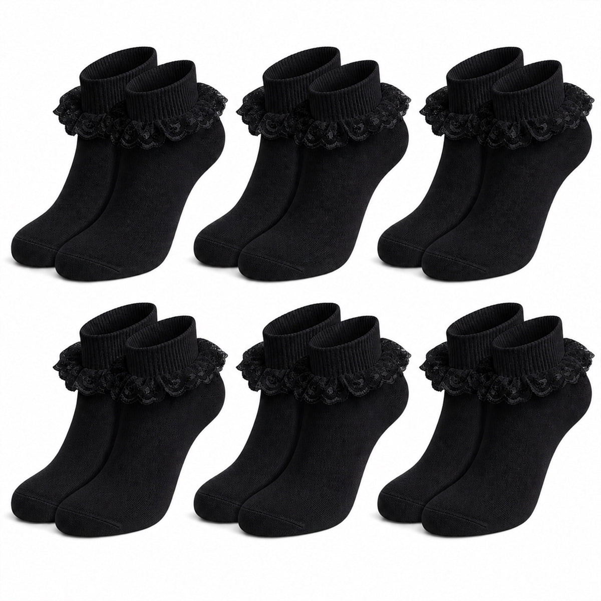 Sock Stack Girls' Frilly Tutu Ankle Socks with Lace & Bow | 6 Pairs | Super Soft | Black