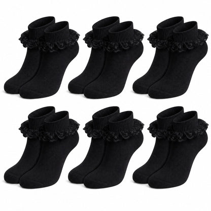 Sock Stack Girls' Frilly Tutu Ankle Socks with Lace & Bow | 6 Pairs | Super Soft | Black