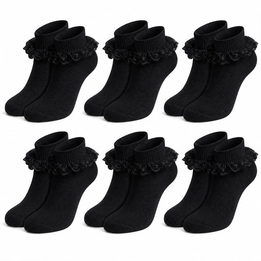 Sock Stack Girls' Frilly Tutu Ankle Socks with Lace & Bow | 6 Pairs | Super Soft | Black