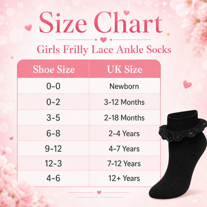 Sock Stack Girls' Frilly Tutu Ankle Socks with Lace & Bow | 6 Pairs | Super Soft | Black