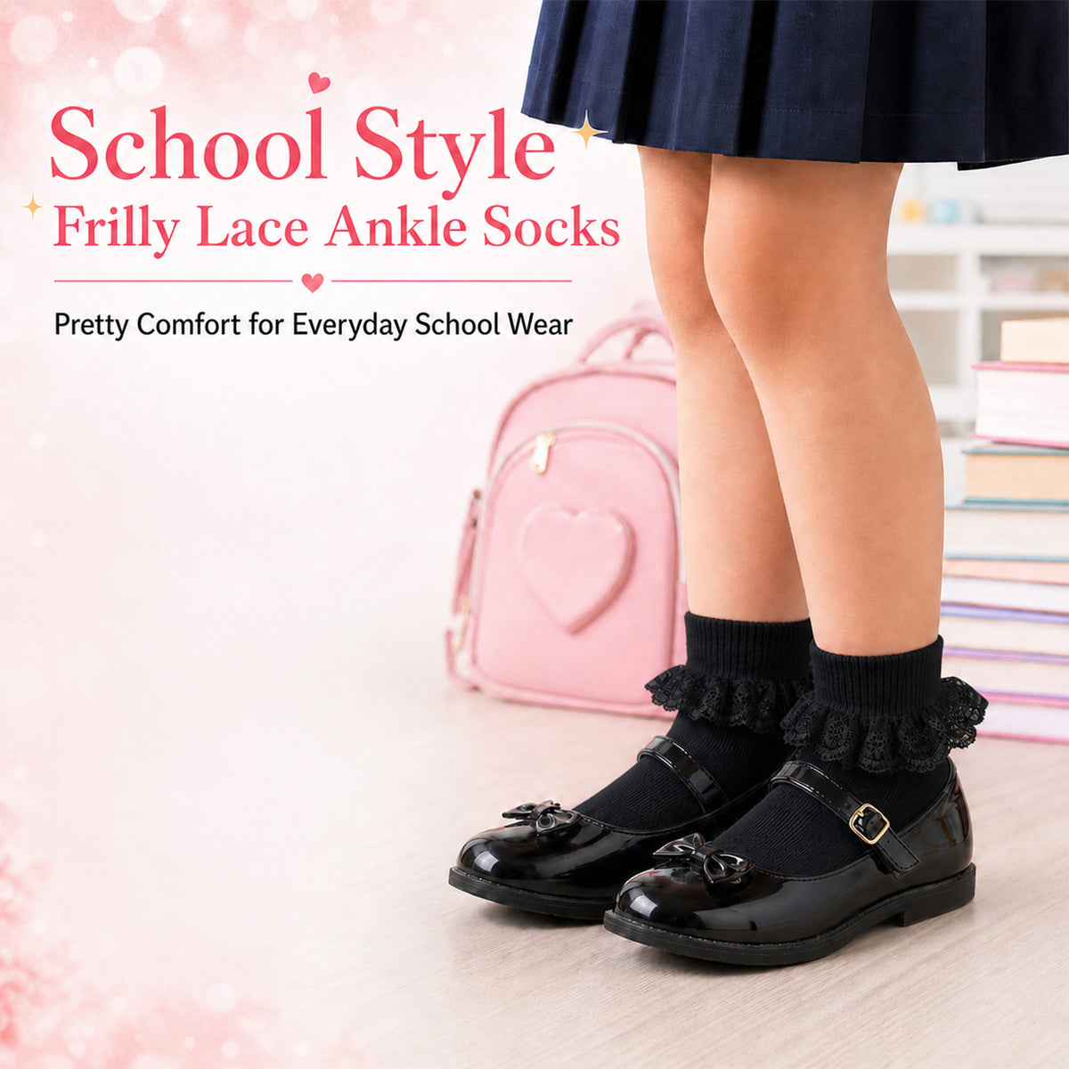 Sock Stack Girls' Frilly Tutu Ankle Socks with Lace & Bow | 6 Pairs | Super Soft | Black