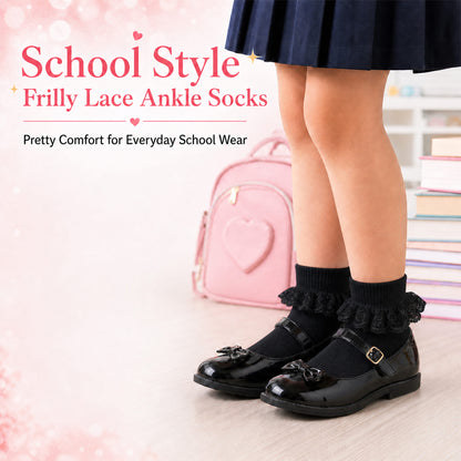 Sock Stack Girls' Frilly Tutu Ankle Socks with Lace & Bow | 6 Pairs | Super Soft | Black