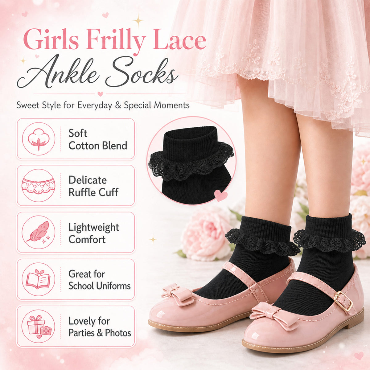 Sock Stack Girls' Frilly Tutu Ankle Socks with Lace & Bow | 6 Pairs | Super Soft | Black