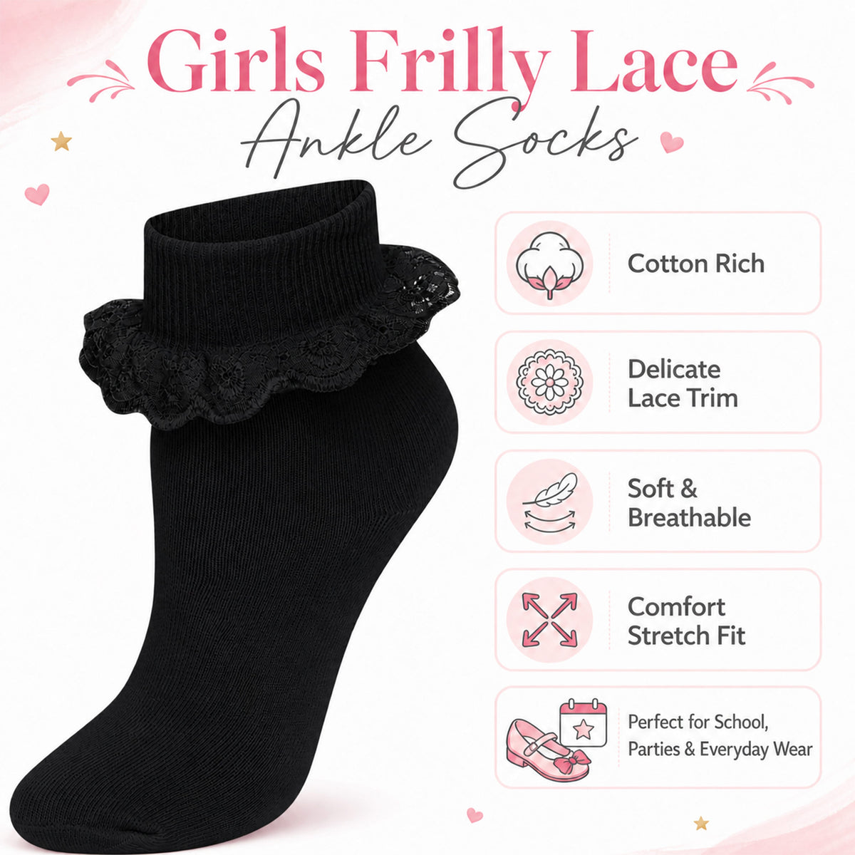 Sock Stack Girls' Frilly Tutu Ankle Socks with Lace & Bow | 6 Pairs | Super Soft | Black