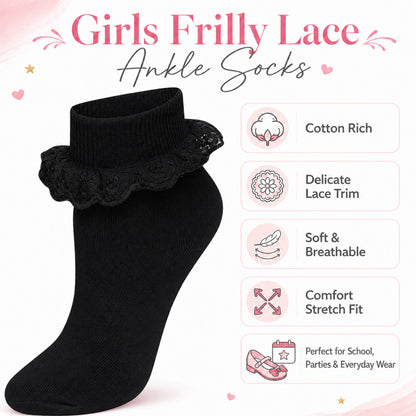 Sock Stack Girls' Frilly Tutu Ankle Socks with Lace & Bow | 6 Pairs | Super Soft | Black
