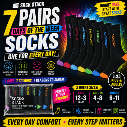 Sock Stack Days Of The Week Socks 7 Pack Cotton Rich Black With Multi colour Heel And Toe